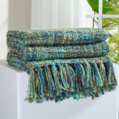 Multi-Color Green Cable Woven Throw Blanket for Couch,50"X60" Boho Style Textured Blankets for Home Decor,Super Soft Warm Cozy Chunky Blanket with Decorative Tassels for Bed and Sofa